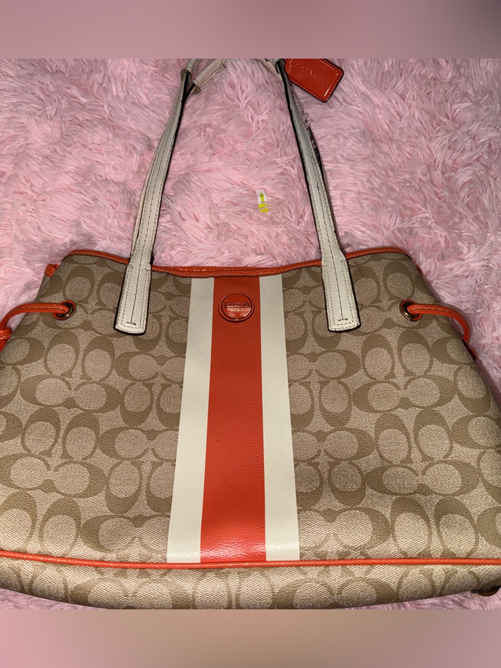 Coach Beige Signature Tote with Orange and Cream Stripes